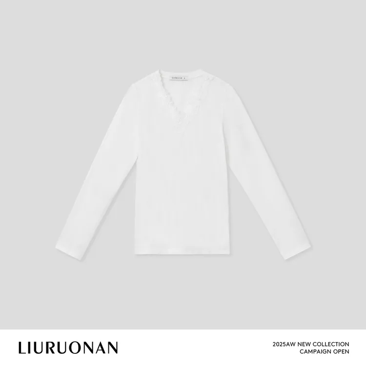 LIURUONAN 25WIN【奶油三角糕】蕾丝V领长袖气质宽松休闲T恤秋冬女