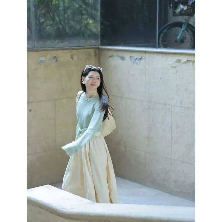 减龄一整套穿搭韩风chic清冷松弛感蓝色针织衫半身裙两件套装女夏