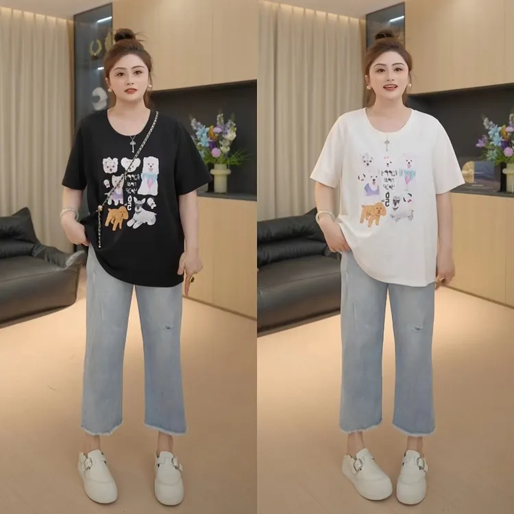 【胖佳佳】现货~快乐小狗 短袖T恤夏季减龄百搭休闲上衣H625Y06418