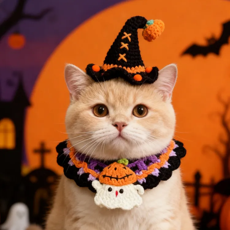 万圣节宠物围脖猫咪狗狗手工针织项圈毛线口水巾节日装饰南瓜围兜