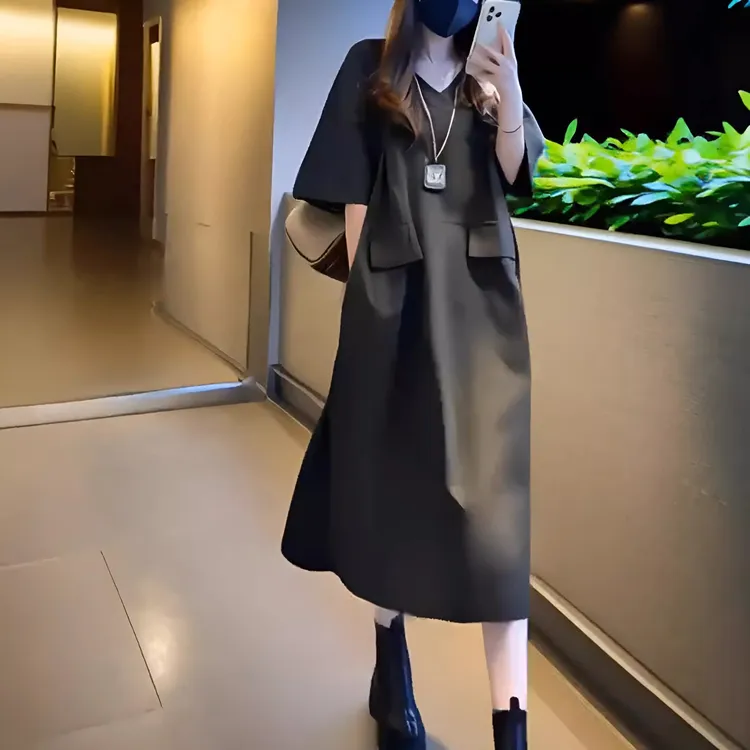 夏装新款大码宽松显瘦遮肚子连衣裙胖mm假口袋V领半袖长款T恤裙子