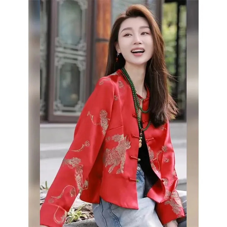 短款中式国风红色唐装宋锦外套女春秋装轻奢欧货加宽加大女装洋气