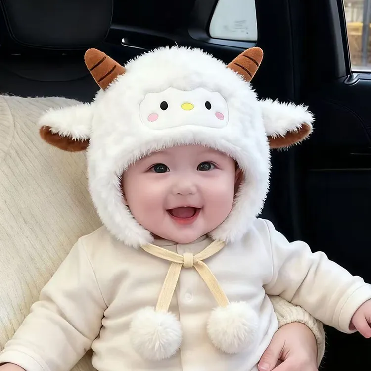 婴儿帽子秋冬季加厚毛绒男女童婴幼儿护耳帽韩版小羊耳朵宝宝帽子