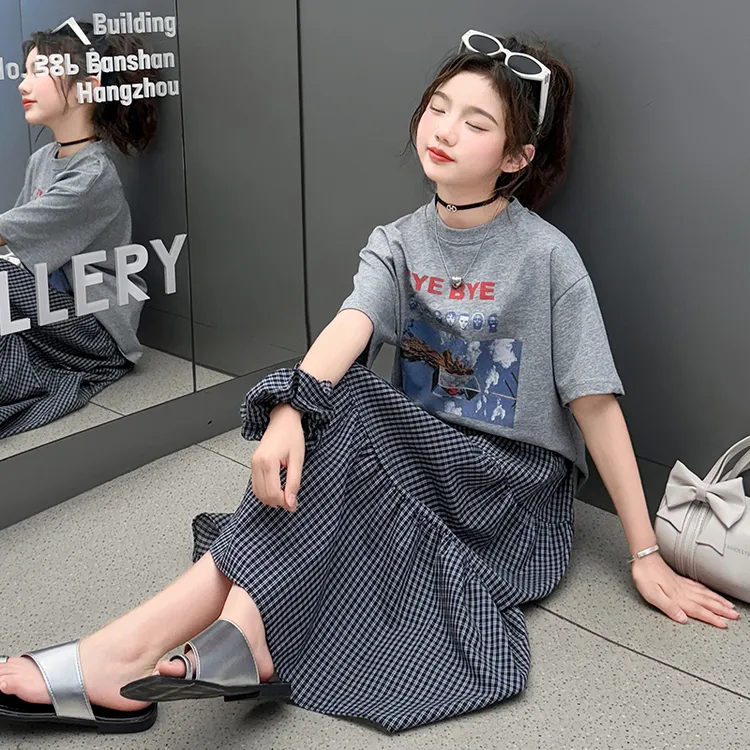 女童短袖半身裙套装2025新款夏季T恤格子裙女孩洋气休闲两件套潮