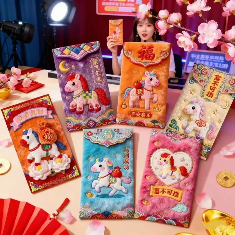 马年5D平面毛绒刺绣风格可爱卡通Q版春节元宵节利是封红包
