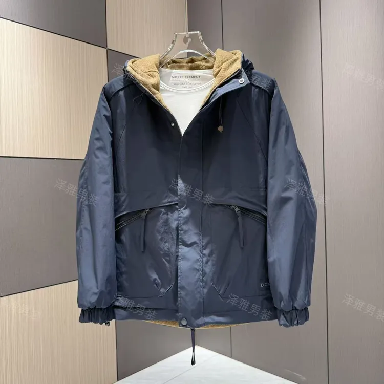 秋冬男士加厚双面穿休闲百搭设计感连帽外套二棉外套58602