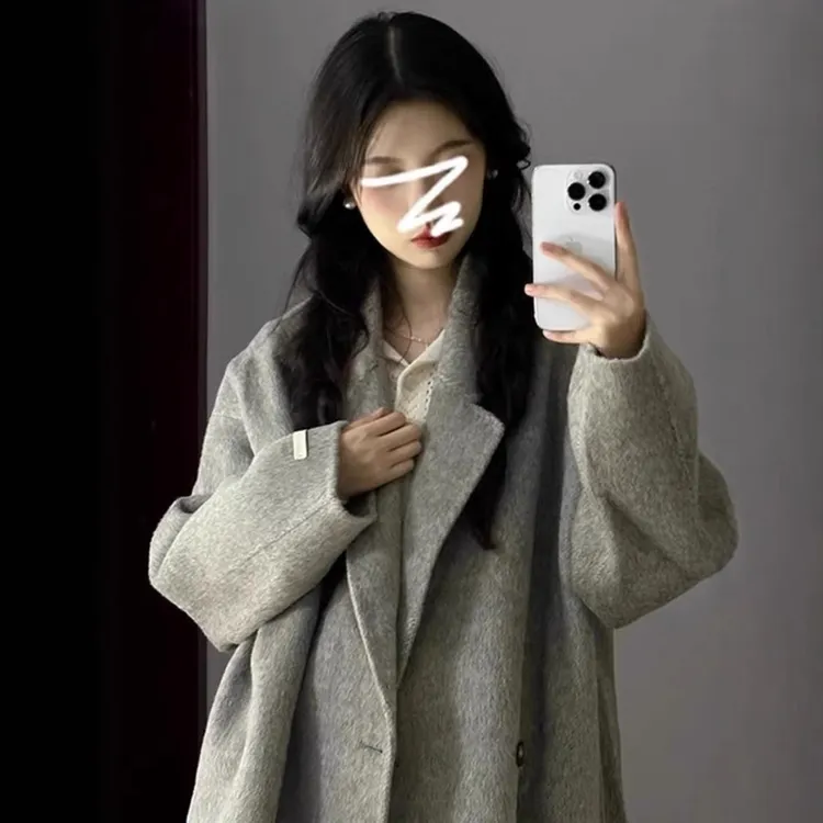 2025秋冬新款韩系加绒加厚羊绒羊毛大衣女简约过膝中长款显瘦复古