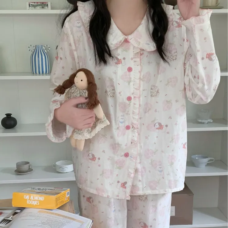 可爱甜心狗睡衣女款春秋季100%纯棉纱布长袖长裤显白可外穿家居服