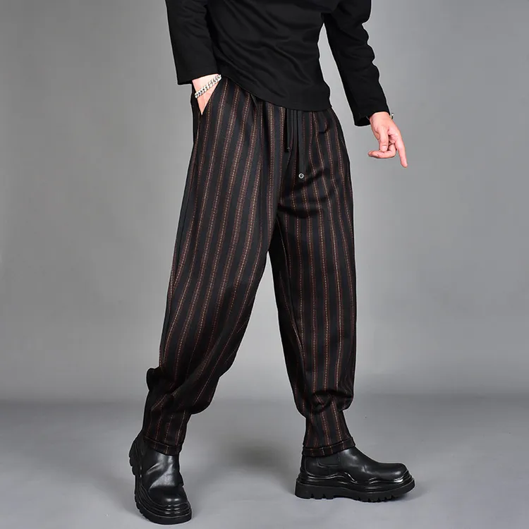 中老年宽松休闲条纹裤男大码冬季加厚发型师锥形哈伦小脚裤男潮流