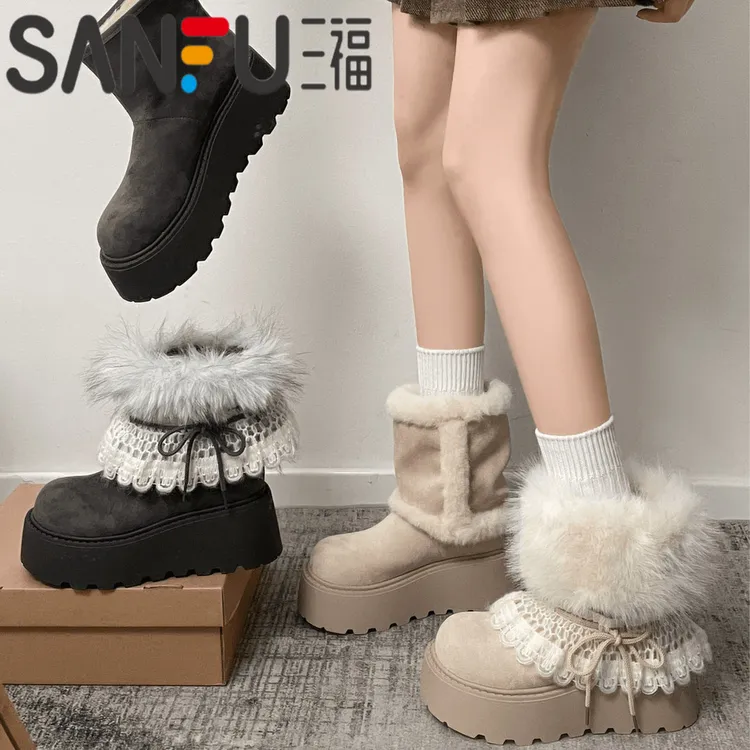 三福【送饰品】六穿可拆卸复古费尔岛雪地靴女冬25新款保暖毛毛棉鞋