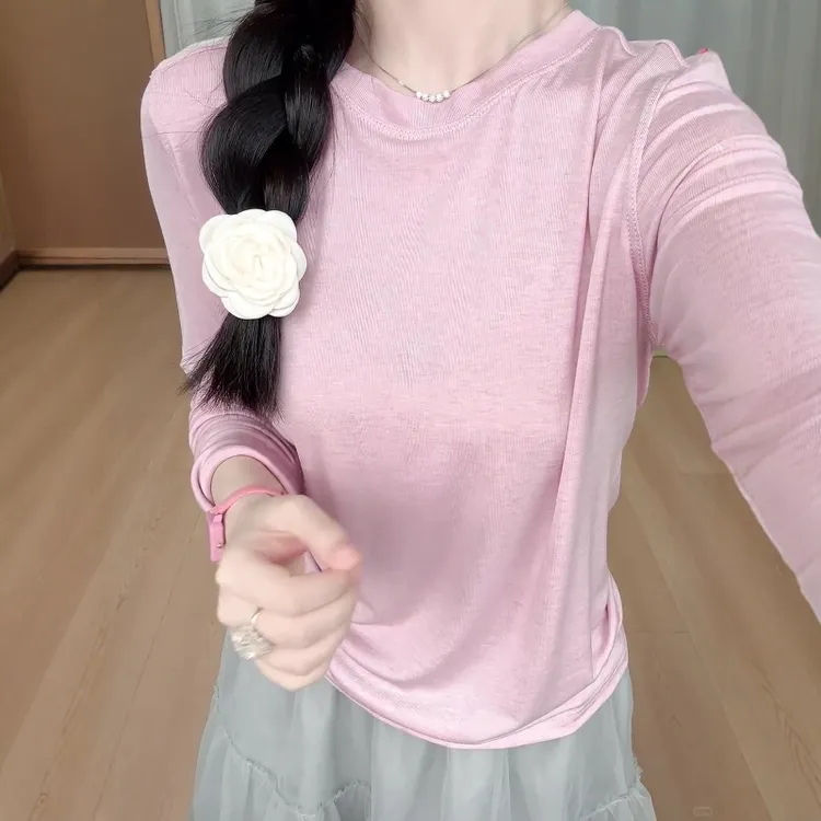 莱赛尔chao舒适长袖T恤女2025秋季新款宽松百搭休闲风圆领打底衫