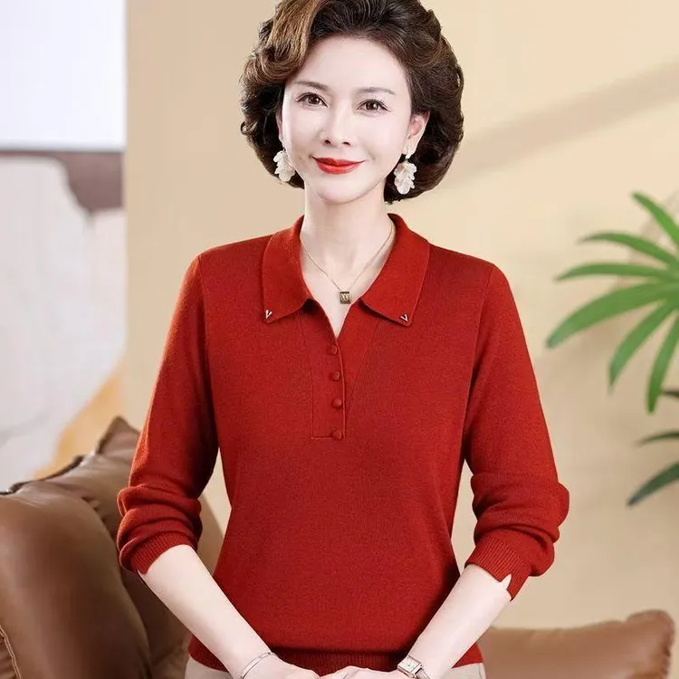 中老年女装时尚翻领毛衣纯色羊毛衫春秋装针织打底衫妈妈装T恤