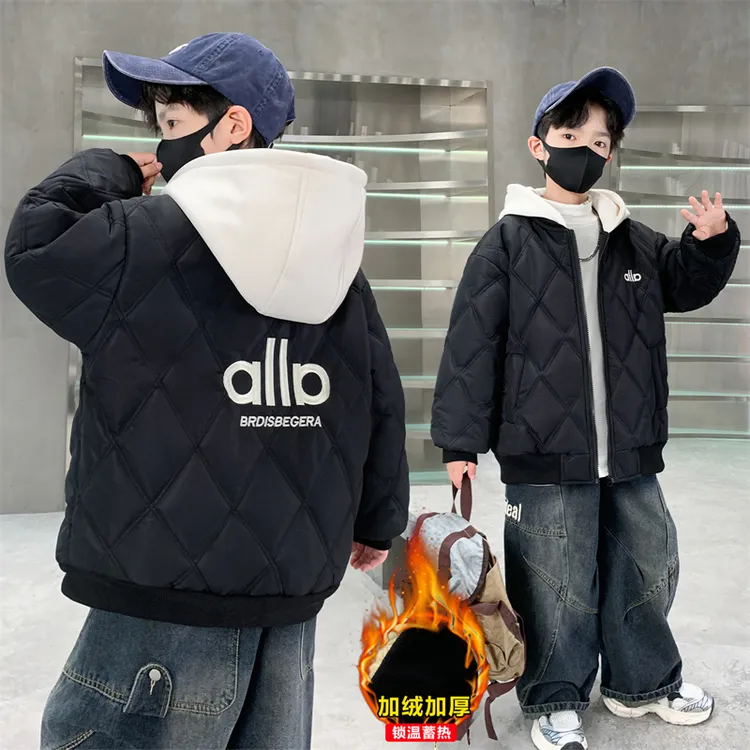男童加绒加厚棒球服连帽外套秋冬中大童帅气夹克短款儿童上衣男孩