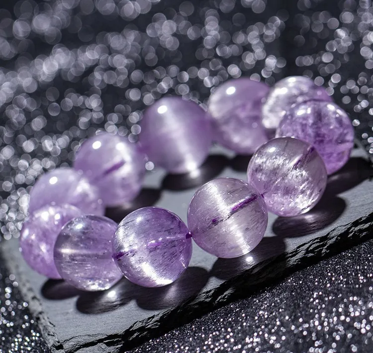 天然紫锂辉手链冰种老矿料锂辉石拉丝一线眼强光净体猫眼手串