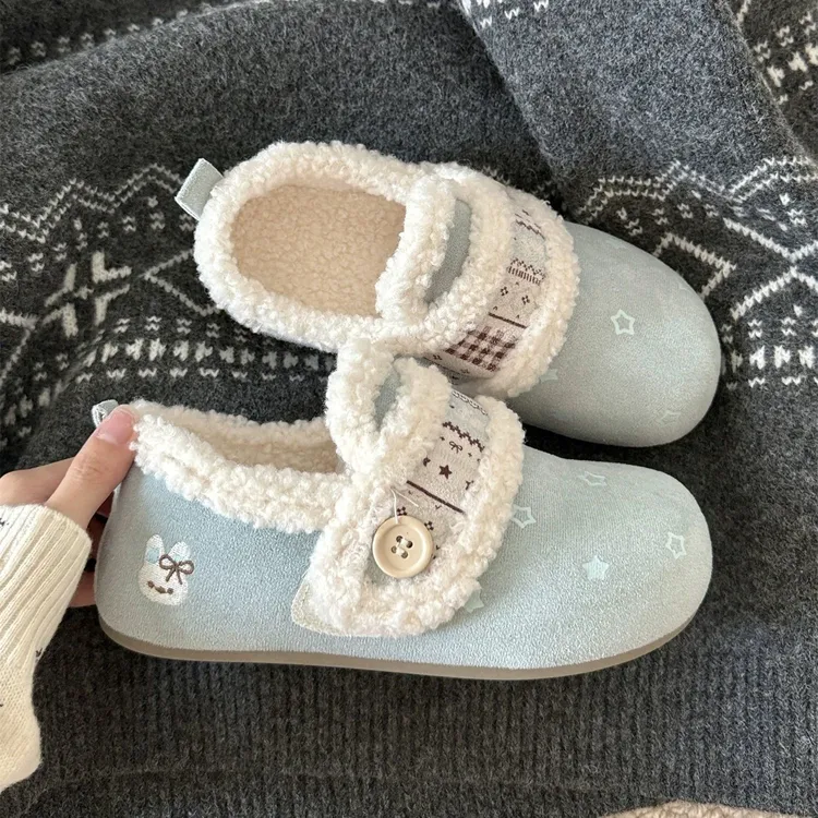 巨好穿~费尔岛可爱刺绣加绒勃肯鞋女chic冬季保暖一脚蹬毛毛鞋子
