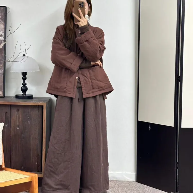 亚麻棉服文艺复古盘扣夹棉上衣女式保暖短款棉衣