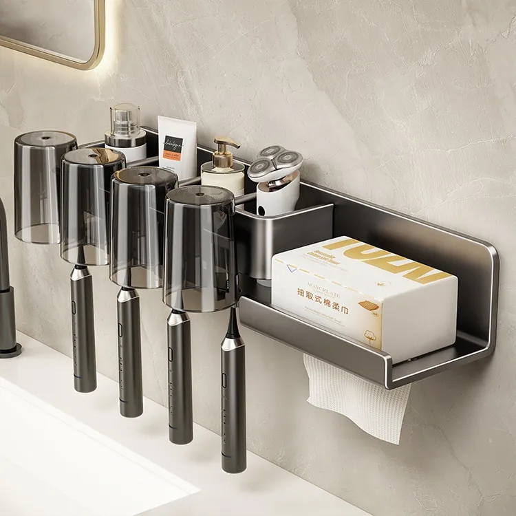 电动牙刷架子置物架卫生间免打孔漱口杯牙杯壁挂式纸巾架一体收纳