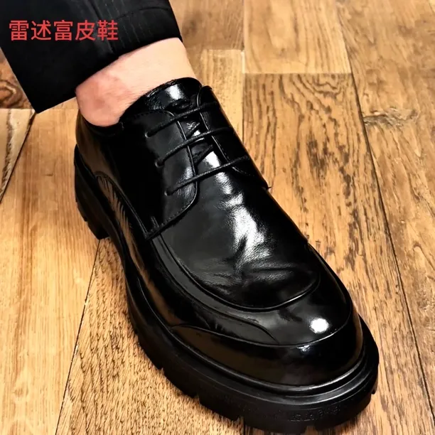 品牌雷述富头层牛皮增高休闲皮鞋圆头透气春秋百搭系带厚底休闲鞋