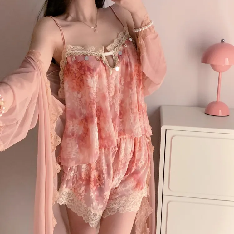 碎花夏季V领辣妹睡裙薄款蕾丝网纱睡衣性感女装轻奢休闲风