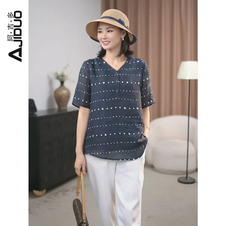 阿吉多A21992高端苎麻短袖T恤女夏季新款气质减龄通勤风波点上衣