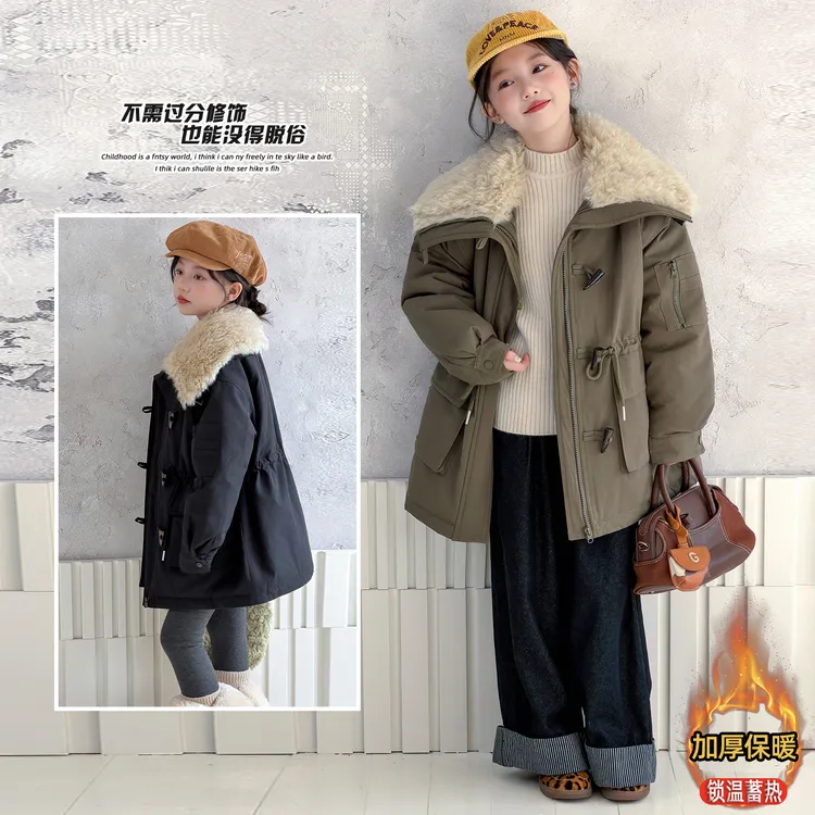 女童秋冬款韩版毛领加棉加厚派克服外套中大童收腰中长款冬装棉服