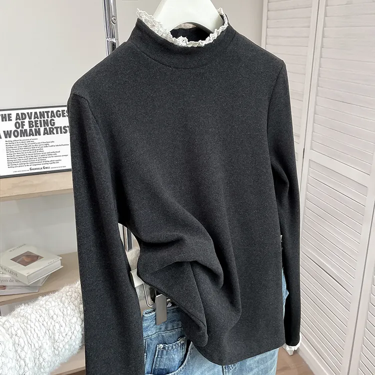 独特别致蕾丝半高领拼接长袖T恤慕斯绒加厚保暖显瘦内搭打底上衣