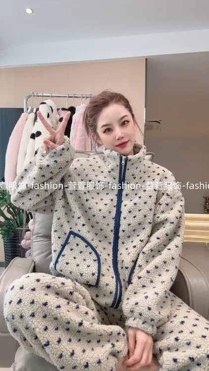 【萱萱服饰】SY118冬季新款加绒韩版小波点简约家居服加厚加绒套