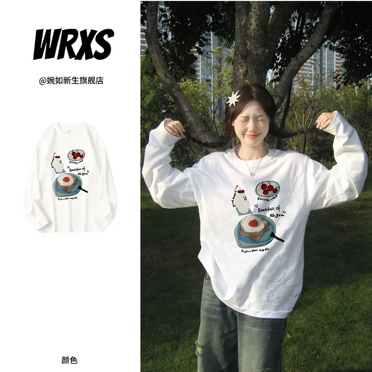 【婉如新生】韩系印花纯棉宽松长袖T恤慵懒风打底衫圆领春秋薄款