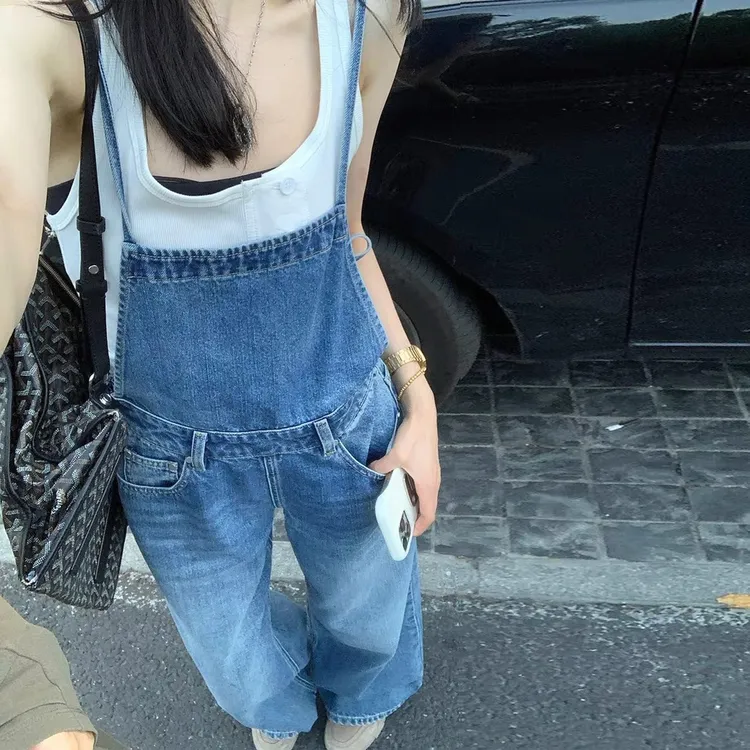 美式复古背带裤女秋季2025新款慵懒风宽松显瘦直筒阔腿吊带牛仔裤