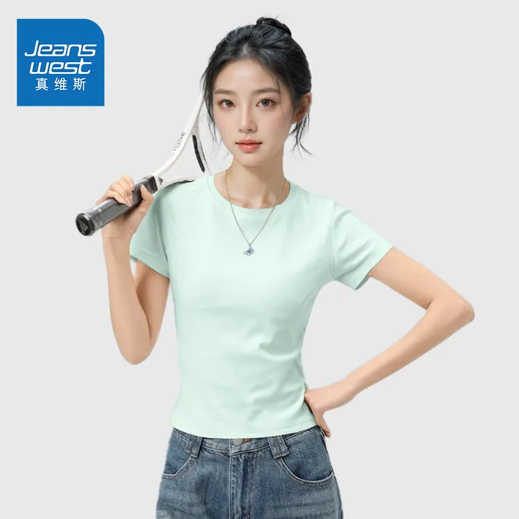 真维斯浅绿色多巴胺穿搭t恤女夏季2025新款修身正肩短袖甜美上衣