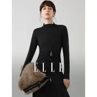 ELLE女装黑色高领长袖T恤2025冬新款通勤风休闲内搭上衣ET52993