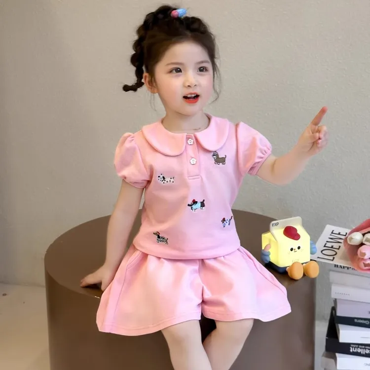 女小童夏季刺绣套装2025新款女宝宝短袖短裤夏装小女孩卡通两件套