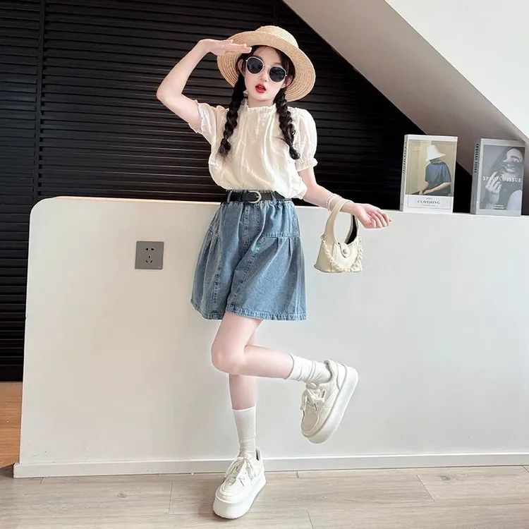女童夏装套装2025新款儿童洋气娃娃上衣中大童牛仔短裙两件套夏季