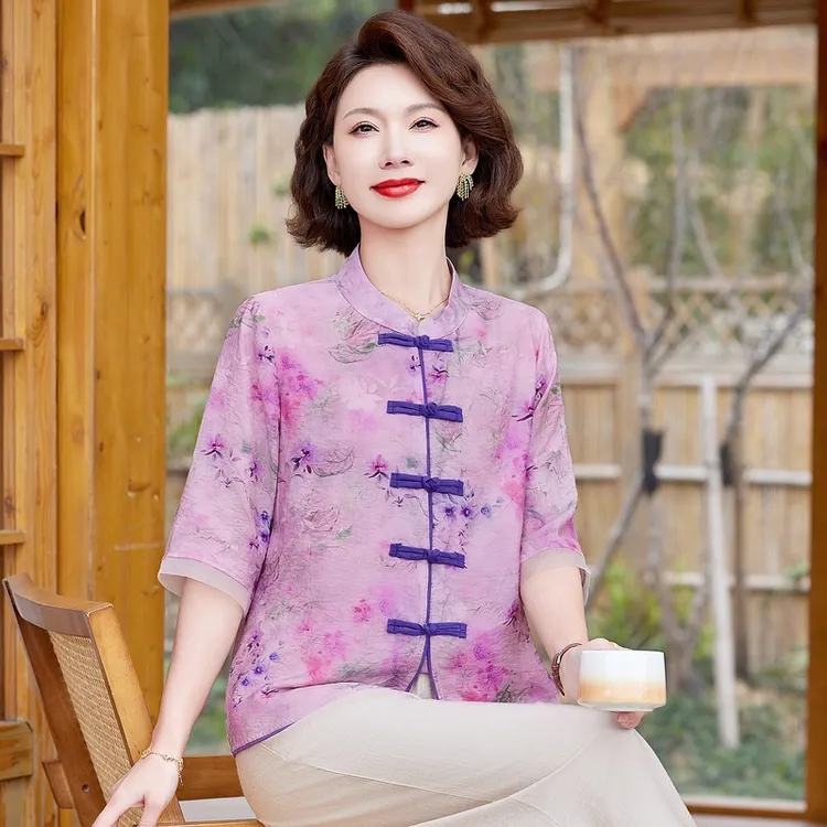 中老年女妈妈夏装新中式国风两件套洋气T恤遮肚上衣小衫显瘦套装