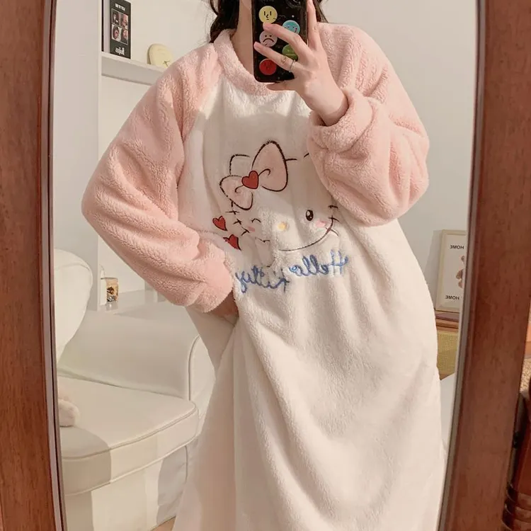 加大码睡裙女秋冬季珊瑚绒加厚保暖中长款宽松胖MM睡衣可爱家居服