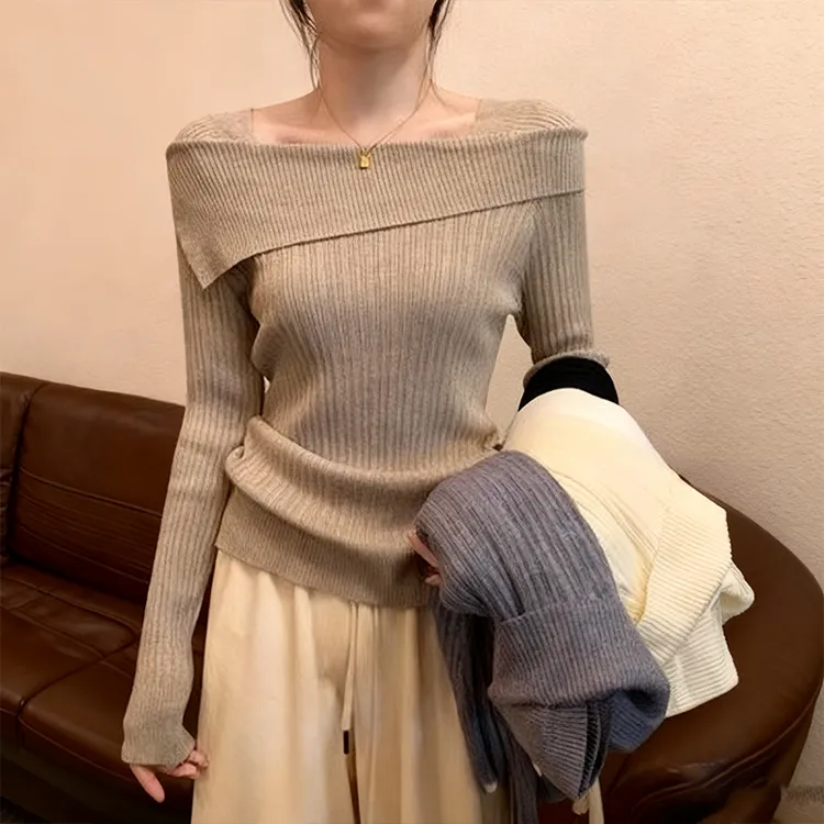 法式一字肩针织打底衫女早秋季高级感不规则内搭高腰长袖上衣毛衣