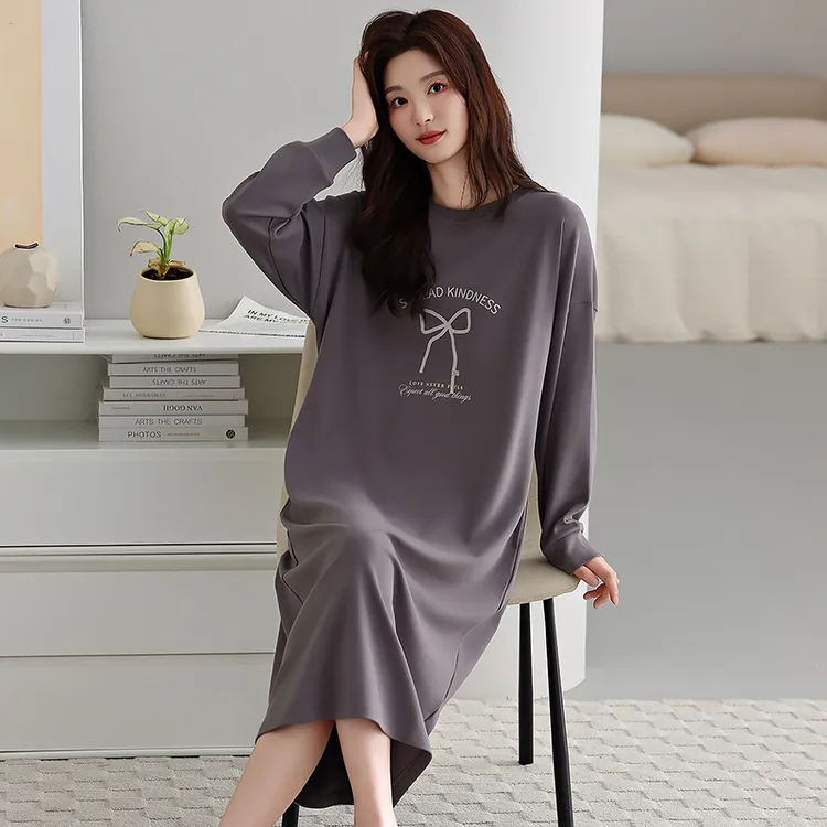 睡衣女春秋100%纯棉长袖过膝睡裙冬卡通休闲可外穿全棉宽松家居服