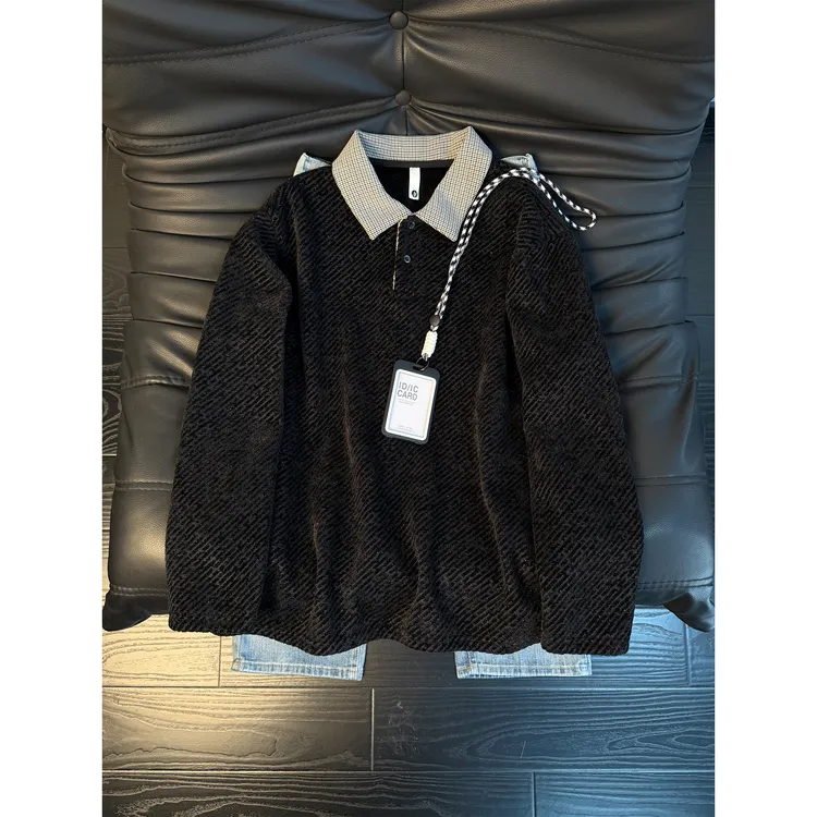 假两件雪尼尔加绒加厚卫衣男秋冬小香风针织Polo长袖内搭格子上衣