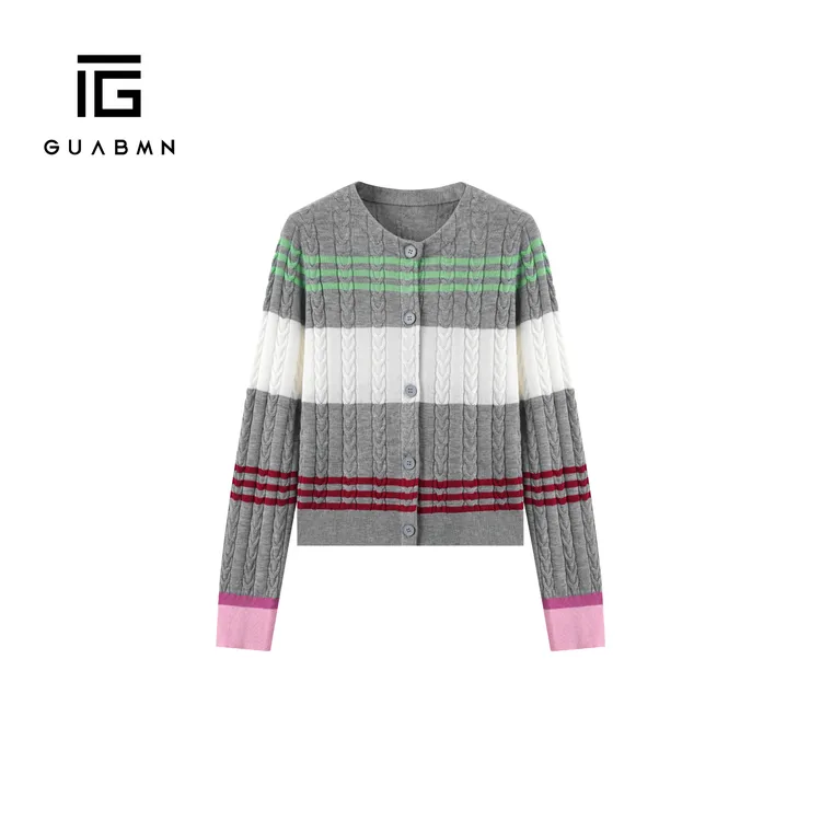 GUABMN2025秋季新款复古绞花条纹拼色短款圆领针织开衫上衣5828