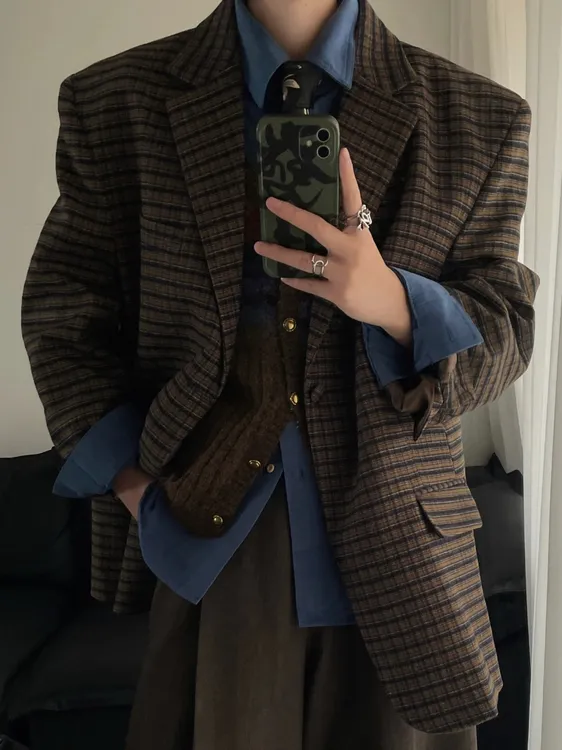 古着孤品小众设计复古气质卡其色男女男女同款无性别西装外套西服