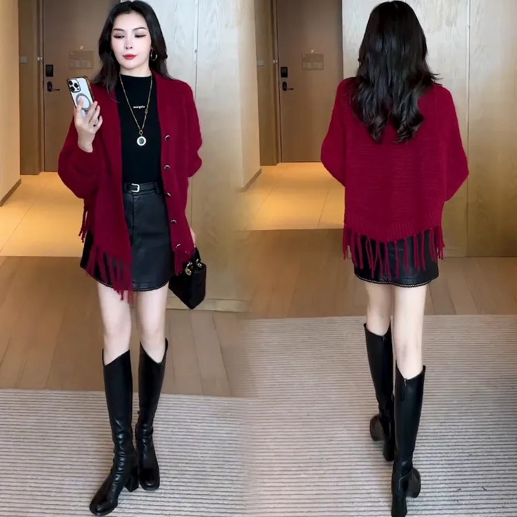 时尚针织毛衣外套女2025秋冬新款宽松遮肉显瘦流苏长袖披肩上衣潮