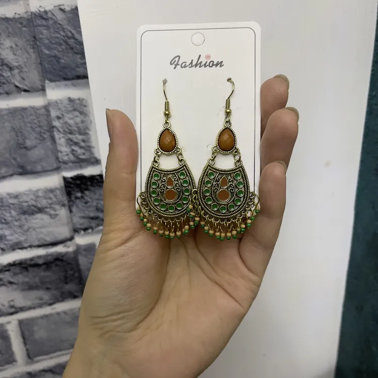 非金属树脂耳饰 民族风金色几何图案绿色耳环珠宝耳钩复古耳饰