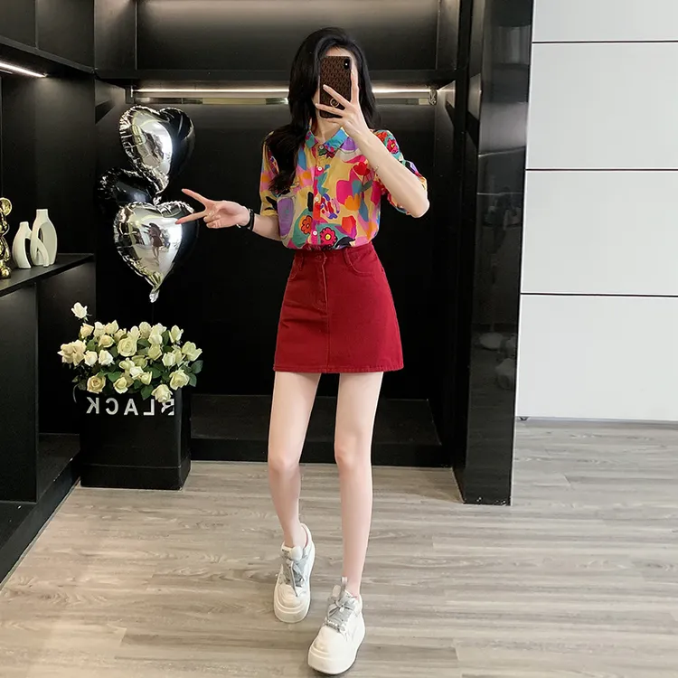 港风复古轻熟风彩色衬衫短袖气质洋气高腰牛仔短裙女a字裙半身裙