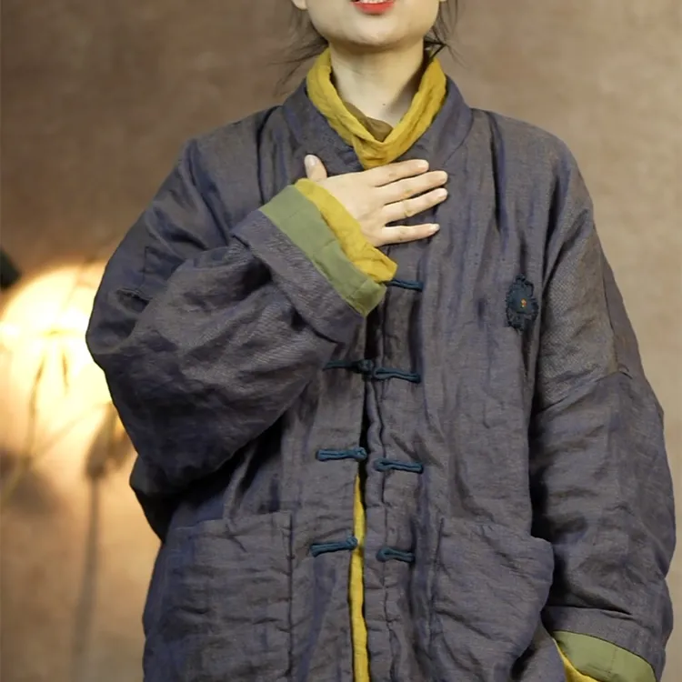 子曰原款复古立领手工盘扣中式棉衣文艺宽松休闲色织亚麻棉服