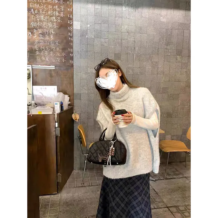 Moses Queen/魔西女王韩系高领背心针织衫女秋慵懒松弛感叠穿上衣