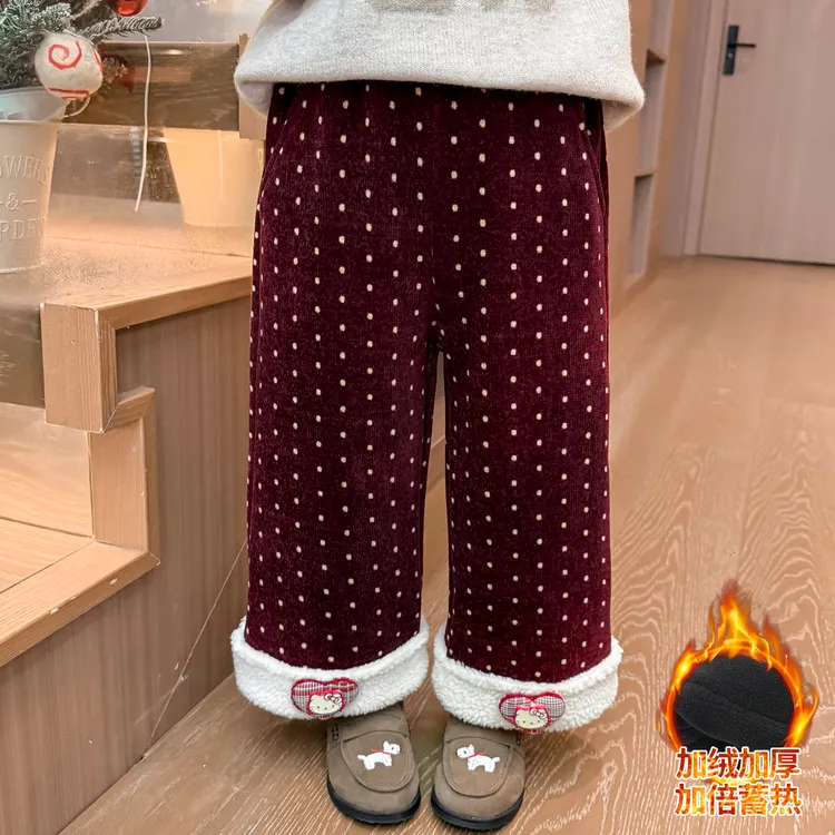 女童洋气冬装加绒加厚直筒裤女宝宝保暖阔腿裤波点裤童装百搭裤子