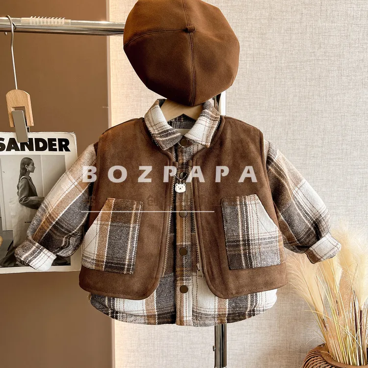 现货啵小爸【复古南国】2025年冬新款男童格纹夹棉马甲衬衫两件套