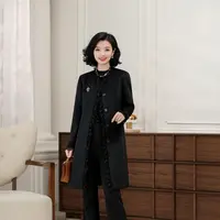西子/气质羊毛呢拼蕾丝长款黑色大衣/DYBH2287