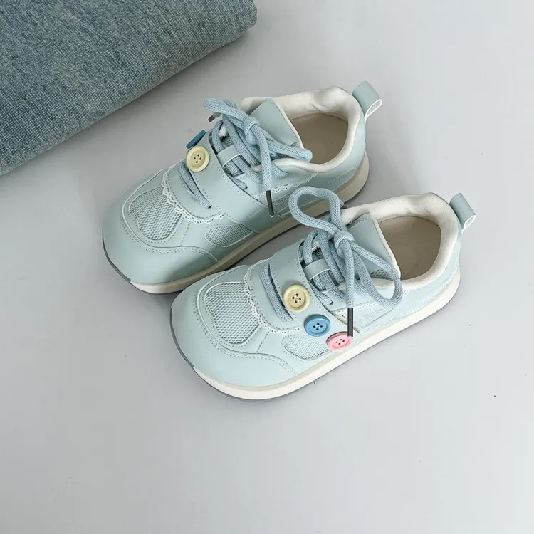 青色丑萌大头德训鞋女2025秋新款软底舒适轻便百搭纽扣拼色阿甘鞋