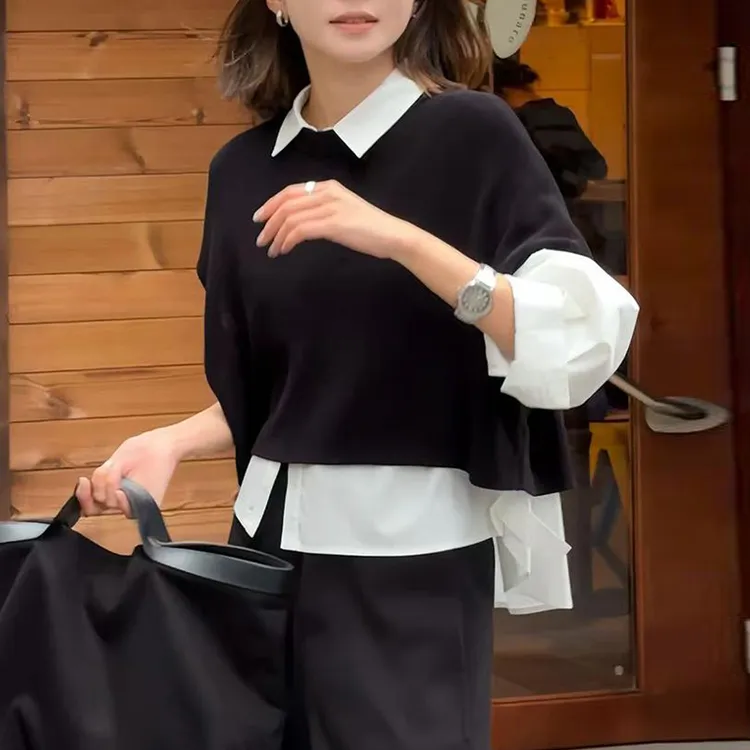 针织马甲背心早秋减龄一整套穿搭女长袖白色衬衫两件套
